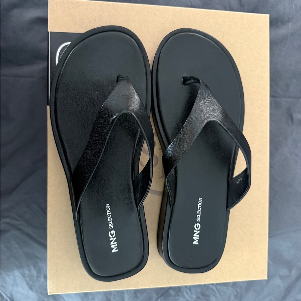 MANGO Black Leather Strap Sandals